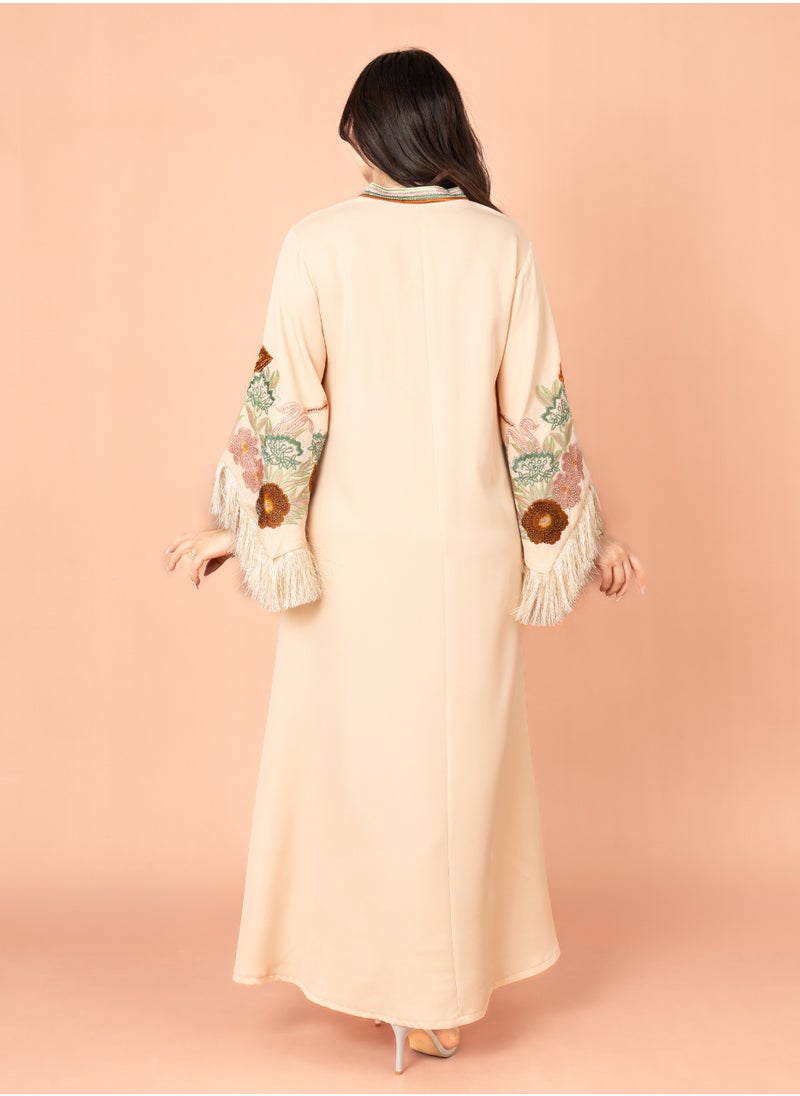 IKKXA Shimmer Detail Sleeves Embroidered Jalabiya Beige  - Image 4