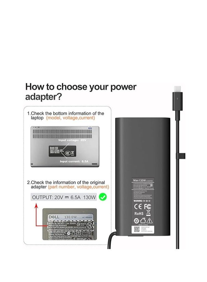 130W Laptop Charger USB C for Dell XPS 15 16 17 9575 2in1 9500 9530 9700 9730 Precision 3490 5490 5550 5750 5770 3560 Latitude 7410 7310 7210 9410 9510 5420 5520 5510 Type C AC Adapter  - Image 4