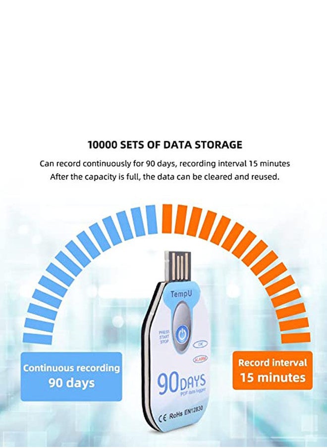Generic - 90-day Temperature Recorder Waterproof USB 2.0 PDF Disposable Temperature Data Logger Blue - Image 1