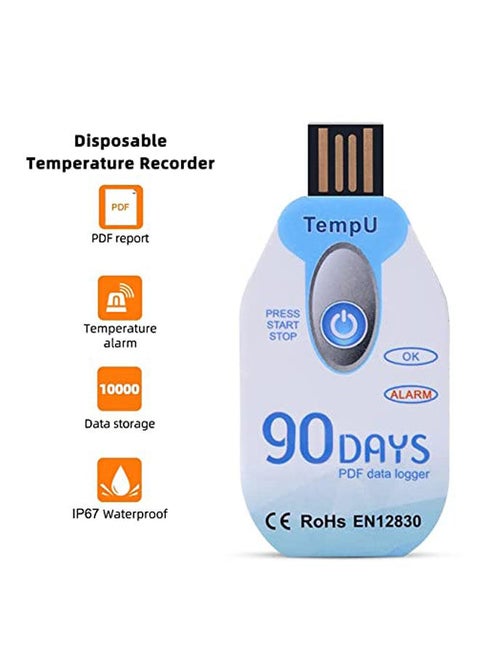 90-day Temperature Recorder Waterproof USB 2.0 PDF Disposable Temperature Data Logger Blue