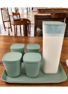 Banana Banana juice set,colour saj 1600 ml jug with 15.5 inch tray and 4cups 320 ml with lid in the same color  - Image 1