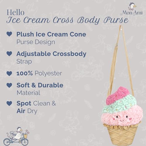 MON AMI Ice Cream Cross Body Purse 95 Plush Ice Cream Cone Bag with Adjustable Strap Zipper Closure Cute Embroidered Face for Girls Kids Shoulder Bag Toddler Accessories - Image 5