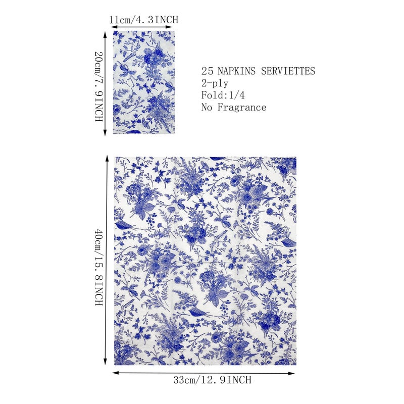 WRAPAHOLIC 25Pcs Blue Floral Guest Napkins - Blue and White Toile Paper Napkins for Bridal and Baby Shower  Tea Party  Garden Party  Birthday Party - 4.3 x 7.9 In - Image 2