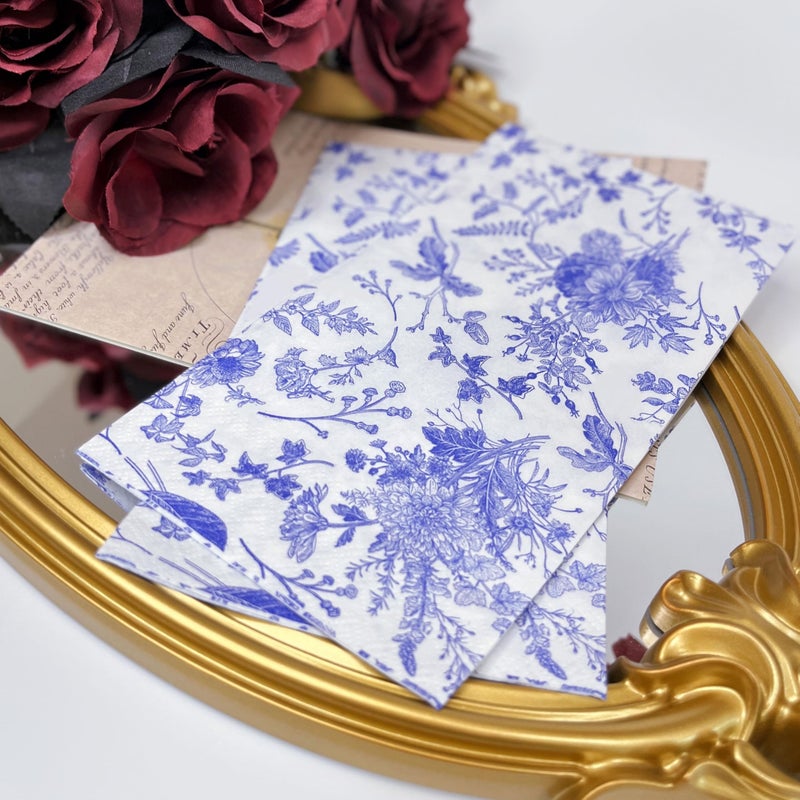 WRAPAHOLIC 25Pcs Blue Floral Guest Napkins - Blue and White Toile Paper Napkins for Bridal and Baby Shower  Tea Party  Garden Party  Birthday Party - 4.3 x 7.9 In - Image 5
