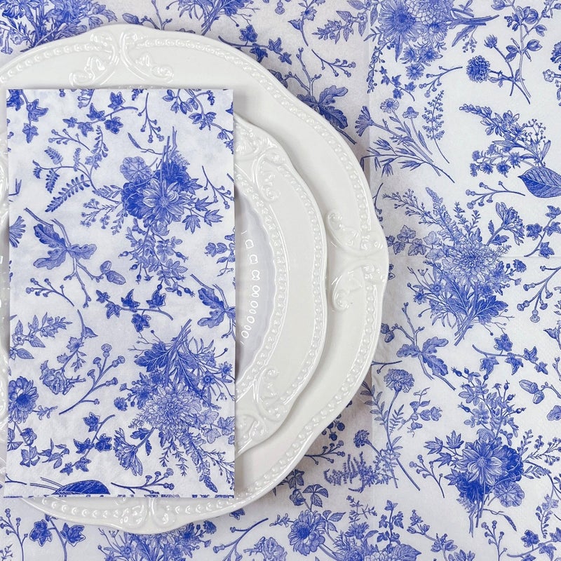 WRAPAHOLIC 25Pcs Blue Floral Guest Napkins - Blue and White Toile Paper Napkins for Bridal and Baby Shower  Tea Party  Garden Party  Birthday Party - 4.3 x 7.9 In - Image 4