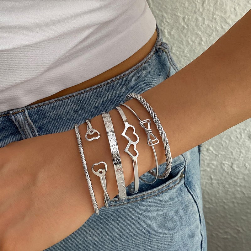 17IF 6 Pcs Silver Bangle Bracelet For Women, 14k Multilayer Charm Textured Stackable Bracelets Heart Indian Chunky Cuff Fashion Jewelry Gift - Image 4