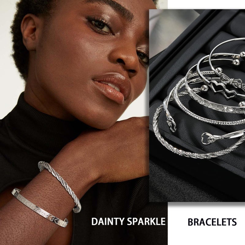 17IF 6 Pcs Silver Bangle Bracelet For Women, 14k Multilayer Charm Textured Stackable Bracelets Heart Indian Chunky Cuff Fashion Jewelry Gift - Image 2