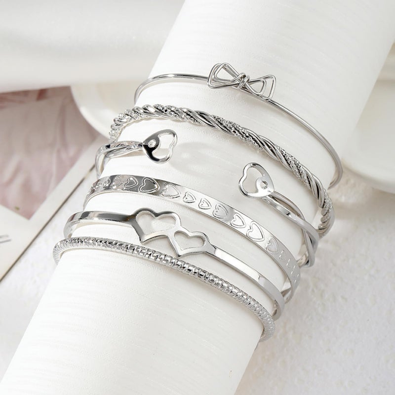 17IF 6 Pcs Silver Bangle Bracelet For Women, 14k Multilayer Charm Textured Stackable Bracelets Heart Indian Chunky Cuff Fashion Jewelry Gift - Image 5