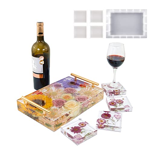 ModWgGuo Resin Tray Molds Silicone, 13.5" Large Rectangle Deep Tray Mold and 4 Square Deep Coaster Molds, Silicone Board Table Mold With Handles, Floral Preservation Bouquet - Image 3