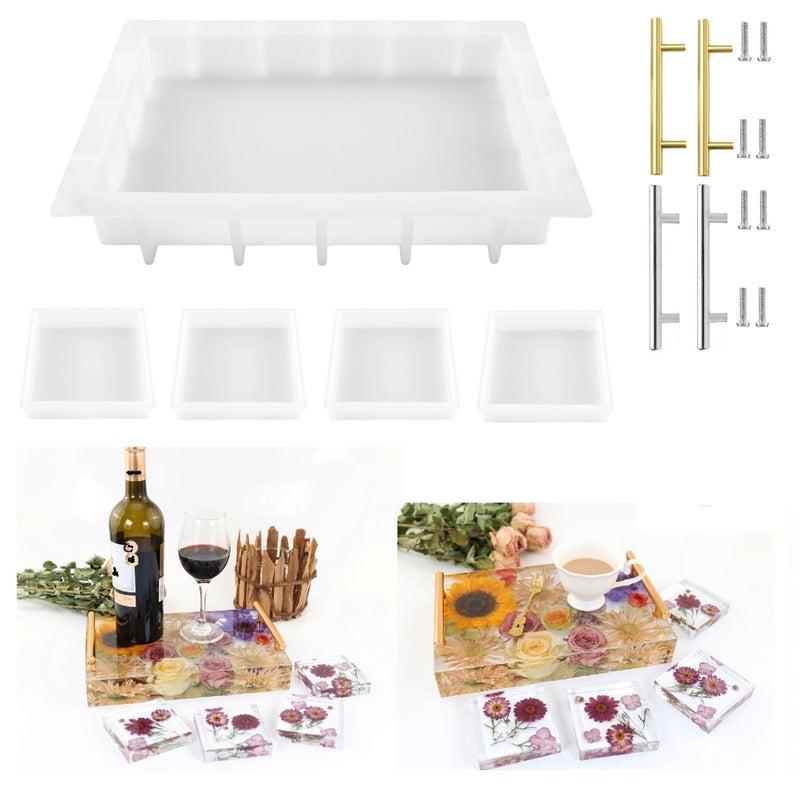 ModWgGuo Resin Tray Molds Silicone, 13.5" Large Rectangle Deep Tray Mold and 4 Square Deep Coaster Molds, Silicone Board Table Mold With Handles, Floral Preservation Bouquet - Image 1