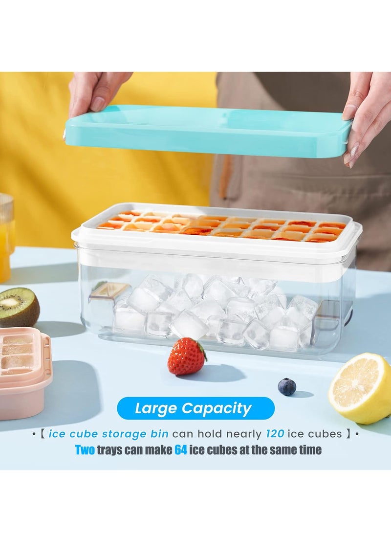 Generic - Ice Cube Tray with Lid and Bin 64 pcs Ice Cubes Molds Ice Trays for Freezer Ice Cube Tray Mold With 2 tray Ice Freezer Container Spill-Resistant Removable Lid & Ice Scoop for Srinks Coffee (Blue) - Image 1