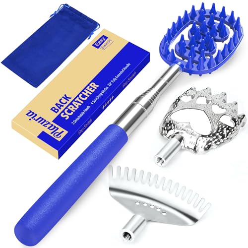 Plazuria Oversized Back Scratcher Massager with 3 Detachable Heads, Stocking Stuffer for Men & Women, Extendable 30" Handle with Spikes, Rake & Bear Claw Heads (Navy Blue) - Image 1