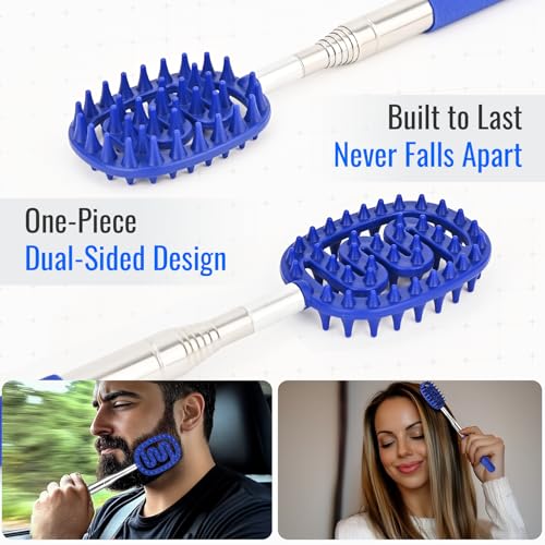Plazuria Oversized Back Scratcher Massager with 3 Detachable Heads, Stocking Stuffer for Men & Women, Extendable 30" Handle with Spikes, Rake & Bear Claw Heads (Navy Blue) - Image 3