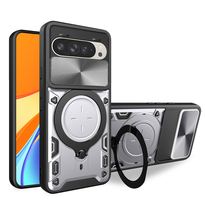 HuHa Protective Cover For Google Pixel 9 / 9 Pro CD Texture Sliding Camshield Magnetic Holder Phone Case(Silver) - Image 1