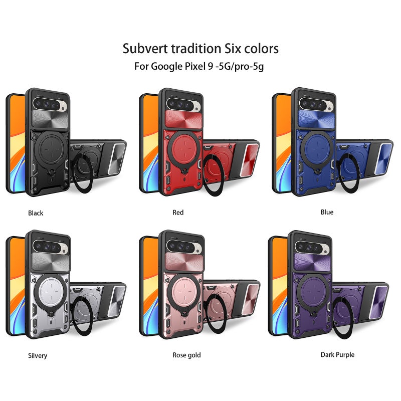 HuHa Protective Cover For Google Pixel 9 / 9 Pro CD Texture Sliding Camshield Magnetic Holder Phone Case(Silver) - Image 2