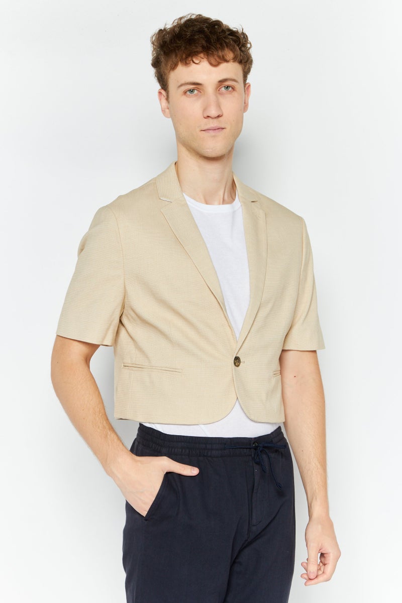 Asos Design Men Regular Fit Textured Short Sleeve Blazer, Tan  - Image 1