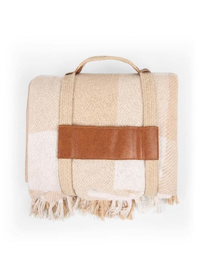 PICNIC TIME - PICNIC TIME Montecito Picnic Blanket with Harness, Outdoor Blanket, Beach Blanket, (Beige Gingham) - Image 1
