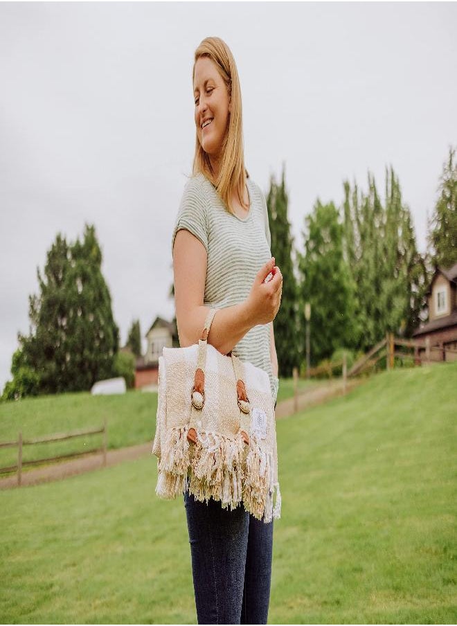 PICNIC TIME - PICNIC TIME Montecito Picnic Blanket with Harness, Outdoor Blanket, Beach Blanket, (Beige Gingham) - Image 1