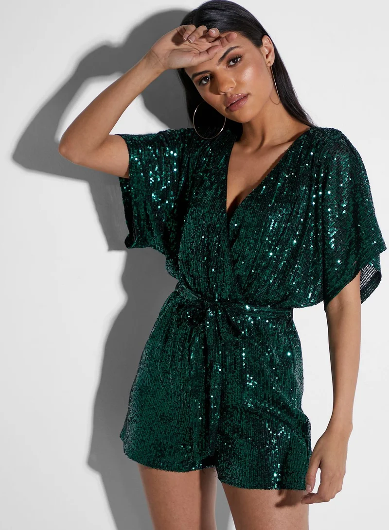 QUIZ Sequin Tie Waist Batwing Sleeve Playsuit
