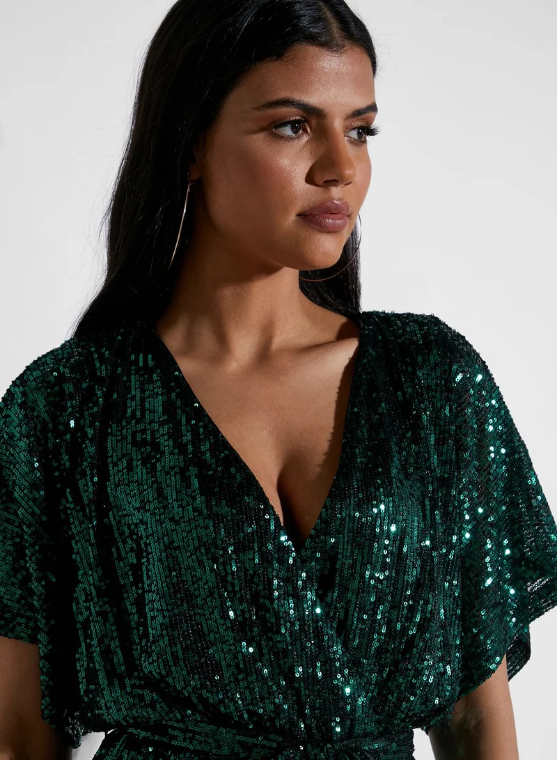 QUIZ Sequin Tie Waist Batwing Sleeve Playsuit