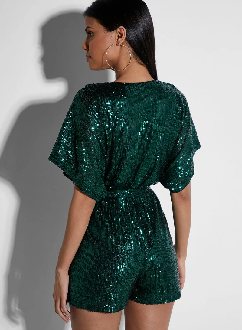 QUIZ Sequin Tie Waist Batwing Sleeve Playsuit