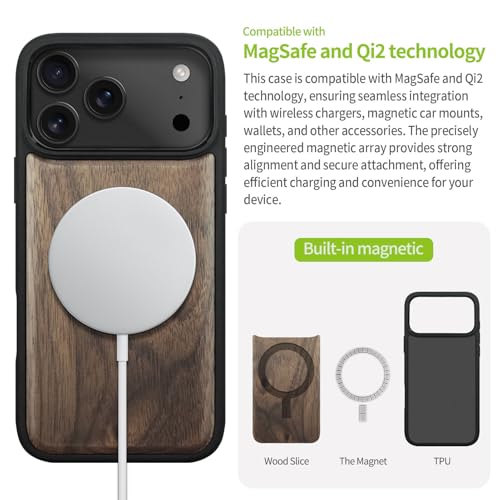 Carveit Magnetic Wooden Case for iPhone 17 Pro Max Case, Wood Artisan Engraved & Black Soft TPU Shockproof Cover, Compatible with MagSafe Wireless Chargers (Natural Grain) Walnut - Image 5
