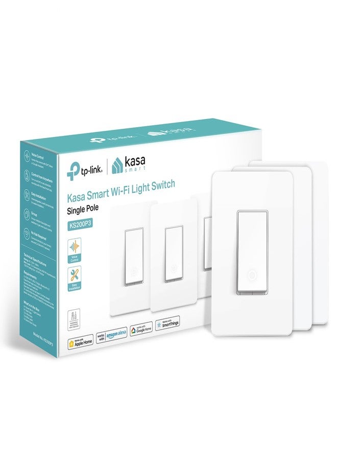Kasa Smart مفتاح إضاءة ذكي Kasa Apple HomeKit KS200P3، قطب واحد، يتطلب سلك محايد، مفتاح إضاءة Wi-Fi بتردد 2.4GHz يعمل مع سيري، أليكسا وجوجل هوم، معتمد من UL، لا حاجة إلى محور، أبيض، عبوة 3 قطع - Image 1