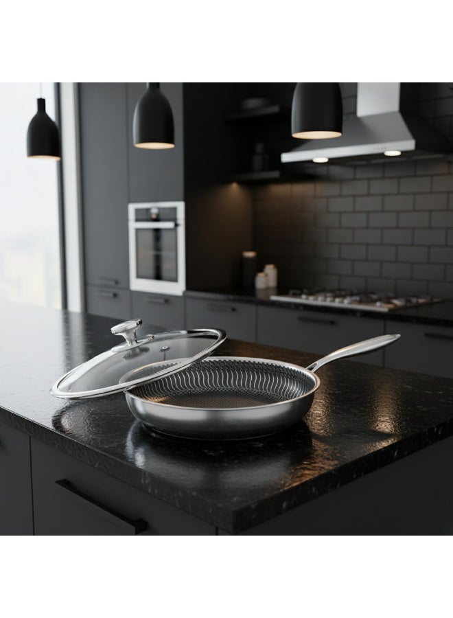 إكستيآرأوكيو مقلاة إكستروك غير لاصقة مطلية من الجانبين بنمط خلية النحل، مصنوعة من الفولاذ المقاوم للصدأ SUS316 مع غطاء زجاجي - Image 2