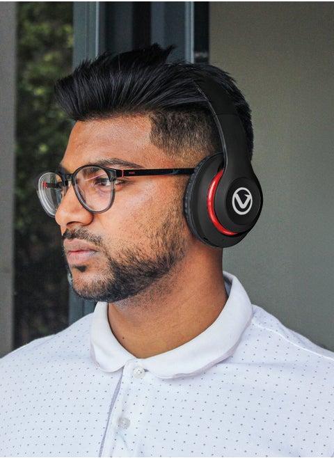 Volkano Impulse Series Bluetooth Wireless Head Phones with FM Radio, Extendable, Hands - Free Calling, AUX Input, SD Card Reader - Black, 1 Year Warranty