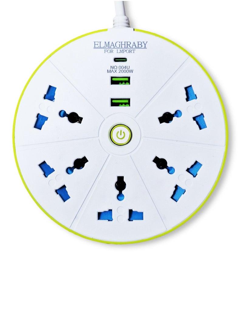 Generic Circular Electric Power strip - 2000 watt, 10 A / 220-250V , with 5 Outlet , 1.5M cable , 2 Port USB and 1 port type-c for Laptop, PC, MacBook , Home and Office Electrical appliances and Mobile charger  - Image 1