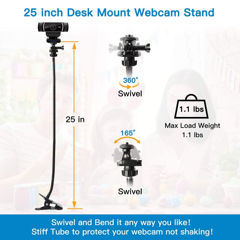 Pipishell 25 Inch Webcam Stand, Flexible Desk Mount Clamp Gooseneck Stand for Logitech Webcam C960 C930e C930 C920 C920S C922x C922 Brio 4K C925e C615 and Other Devices with 1/4" Thread-PIWS01 - Image 3