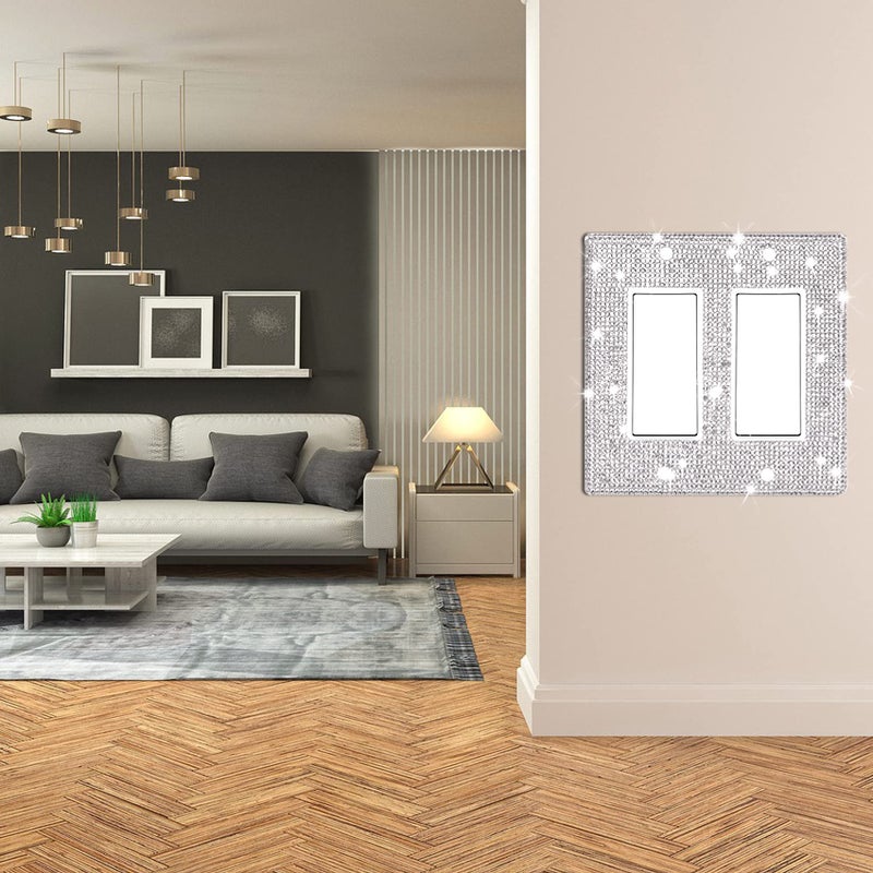Dengduoduo Wall Plate Light Switch Cover Or Outlet Cover  Standard Size 4.50 "" X 4.57 ""  Dengduoduo Silver Rhinestones Bling Double Light Switch Plate For Electrical Outlet For Bedroom Accessories Home Decor - Image 4