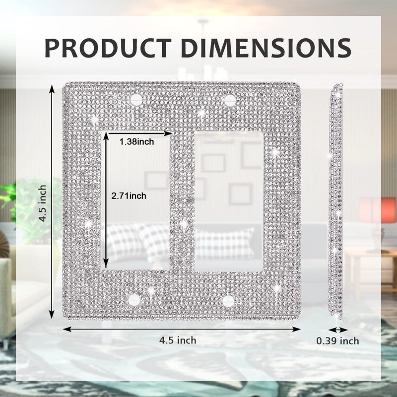Dengduoduo Wall Plate Light Switch Cover Or Outlet Cover  Standard Size 4.50 "" X 4.57 ""  Dengduoduo Silver Rhinestones Bling Double Light Switch Plate For Electrical Outlet For Bedroom Accessories Home Decor - Image 2