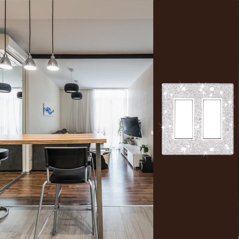Dengduoduo Wall Plate Light Switch Cover Or Outlet Cover  Standard Size 4.50 "" X 4.57 ""  Dengduoduo Silver Rhinestones Bling Double Light Switch Plate For Electrical Outlet For Bedroom Accessories Home Decor - Image 3