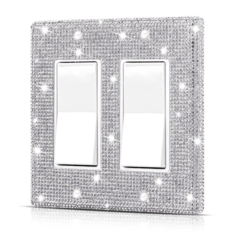 Dengduoduo Wall Plate Light Switch Cover Or Outlet Cover  Standard Size 4.50 "" X 4.57 ""  Dengduoduo Silver Rhinestones Bling Double Light Switch Plate For Electrical Outlet For Bedroom Accessories Home Decor - Image 1