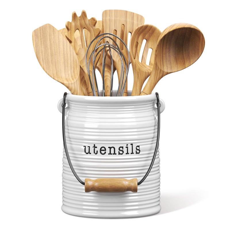Barnyard Designs Ceramic Farmhouse Kitchen Utensil Holder for Countertop, Decorative Kitchen Utensil Crock for Counter, Spatula Holder, 6" White - Image 1