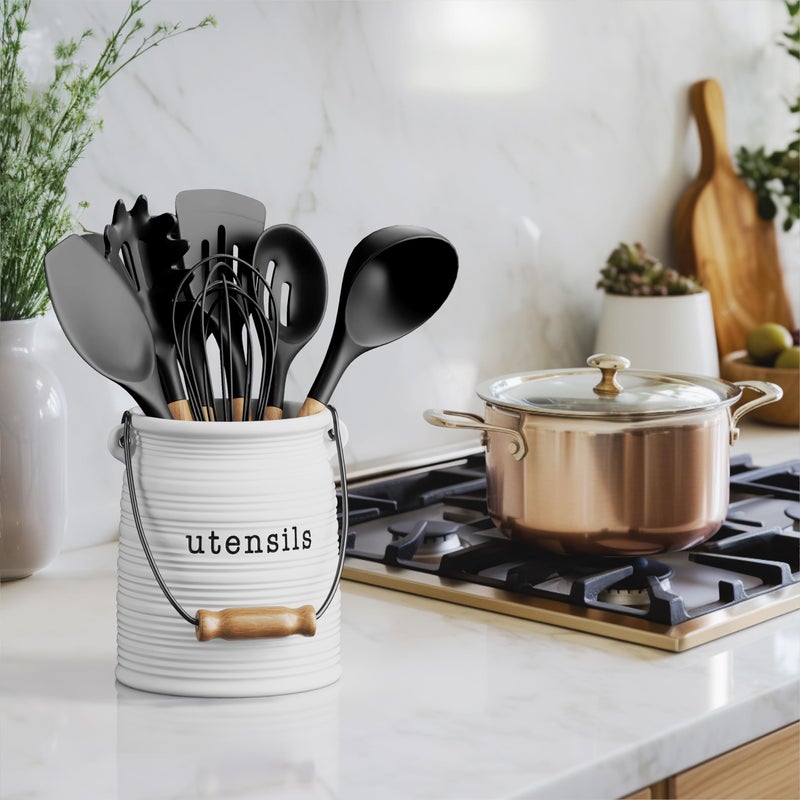Barnyard Designs Ceramic Farmhouse Kitchen Utensil Holder for Countertop, Decorative Kitchen Utensil Crock for Counter, Spatula Holder, 6" White - Image 3