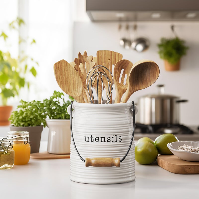 Barnyard Designs Ceramic Farmhouse Kitchen Utensil Holder for Countertop, Decorative Kitchen Utensil Crock for Counter, Spatula Holder, 6" White - Image 2