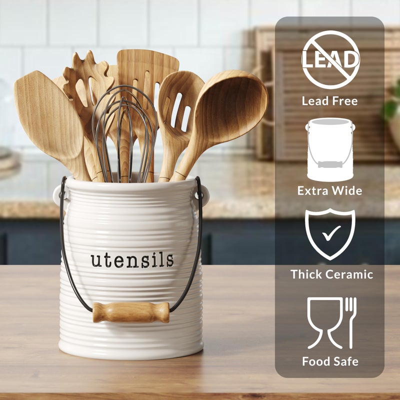 Barnyard Designs Ceramic Farmhouse Kitchen Utensil Holder for Countertop, Decorative Kitchen Utensil Crock for Counter, Spatula Holder, 6" White - Image 5