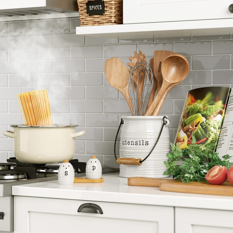 Barnyard Designs Ceramic Farmhouse Kitchen Utensil Holder for Countertop, Decorative Kitchen Utensil Crock for Counter, Spatula Holder, 6" White - Image 4