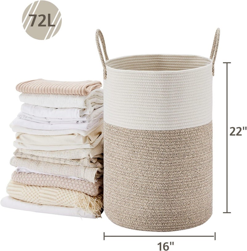VIPOSCO Large Laundry Hamper, Tall Woven Rope Storage Basket for Blanket, Toys, Dirty Clothes in Living Room, Bathroom, Bedroom - 72L White & Brown - Image 5