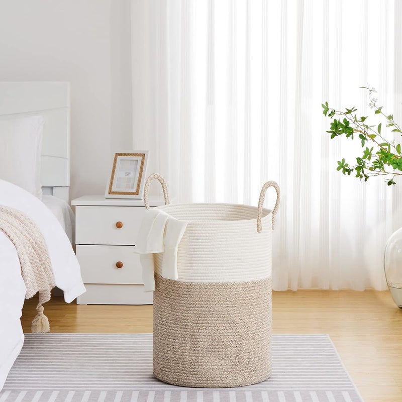 VIPOSCO Large Laundry Hamper, Tall Woven Rope Storage Basket for Blanket, Toys, Dirty Clothes in Living Room, Bathroom, Bedroom - 72L White & Brown - Image 4