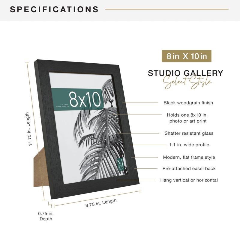 MCS Studio Gallery 8x10 Picture Frame Black Woodgrain Engineered Wood, Vertical & Horizontal Wall Hanging & Easel for Tapletop Display, Rectangle Photo Frame for Photos, Posters & Art Prints (1-Pack) - Image 4