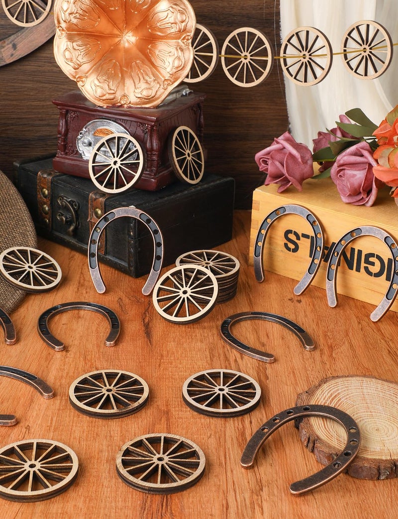 LHSYFBZ 28Pcs Western Theme Party Decorations Mini Horseshoes Wagon Wheel Decor for Crafts Western Cowboy Table Centerpieces Wedding Party Favors Cowboy Birthday Decorations - Image 2