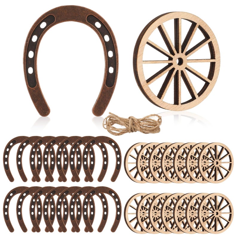 LHSYFBZ 28Pcs Western Theme Party Decorations Mini Horseshoes Wagon Wheel Decor for Crafts Western Cowboy Table Centerpieces Wedding Party Favors Cowboy Birthday Decorations - Image 1