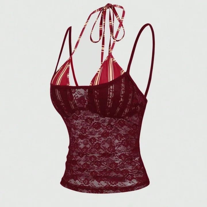 CME Women's Lace Halter Neck Camisole Top with Striped Layered Design, Slim Fit Backless Short Top - Image 1