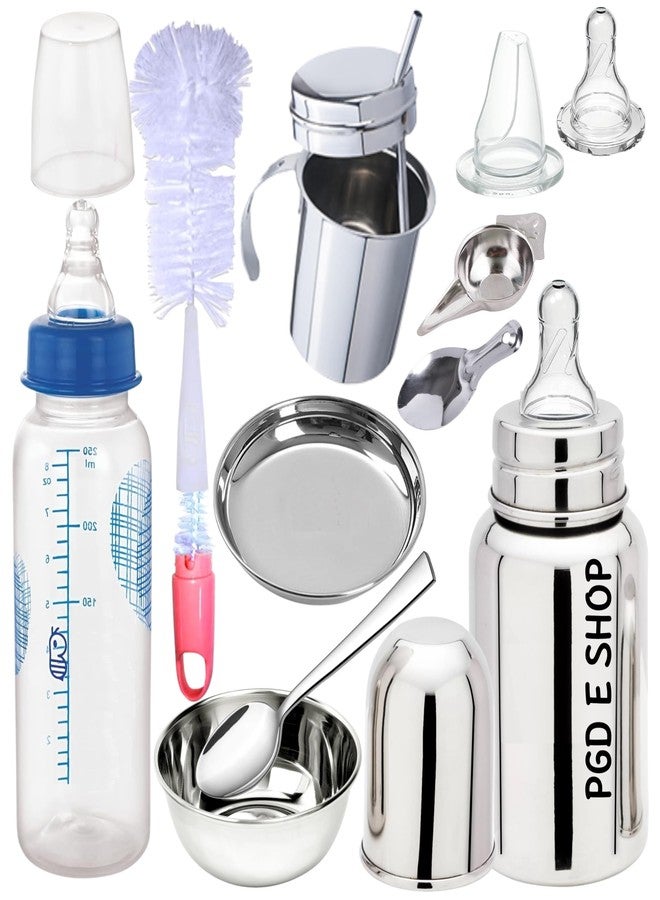 PGD Royal Baby Feeding Bottle Gift Set of Steel Feeding Bottles, Feeder, Bowl, Idly Spoon, Spoon, Plate Straw Glasses, Cleaning Brushes with 2 Silicone Nipple (150ml Royal Gift Set) - Image 1