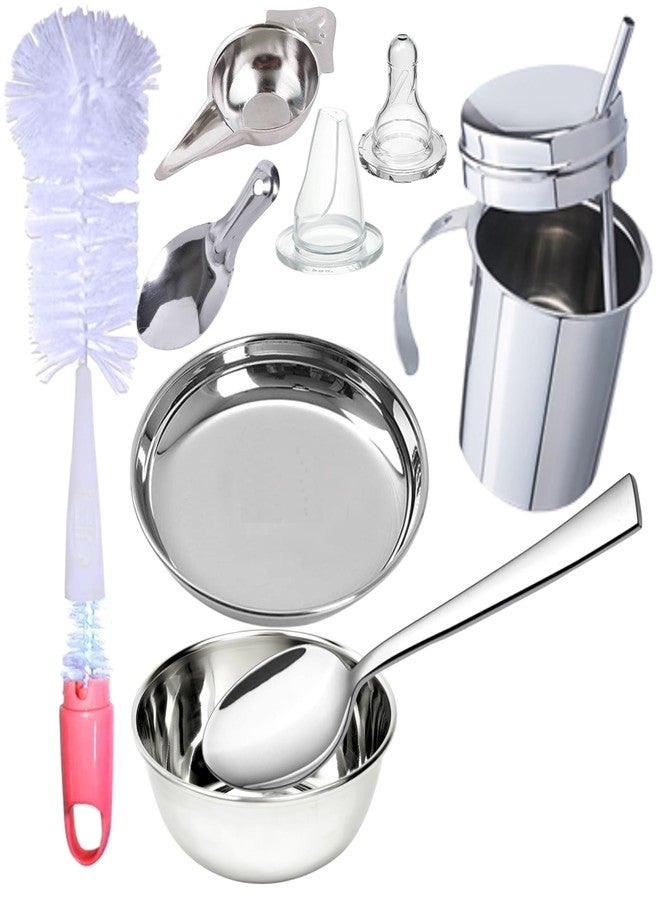 PGD Royal Baby Feeding Bottle Gift Set of Steel Feeding Bottles, Feeder, Bowl, Idly Spoon, Spoon, Plate Straw Glasses, Cleaning Brushes with 2 Silicone Nipple (150ml Royal Gift Set) - Image 2