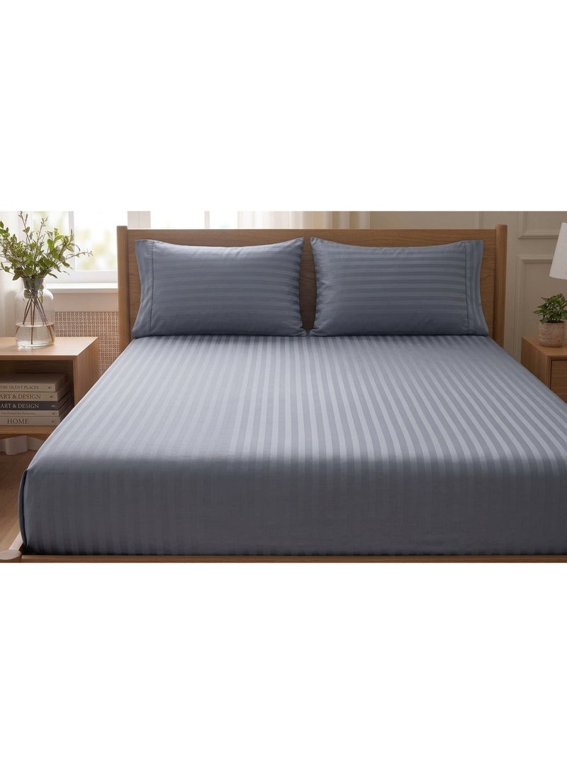 RISHAHOME 3 Pc Light Grey Stripe Flat Sheet Set — 220x240 cm, 2 Pillow Cases - Image 1