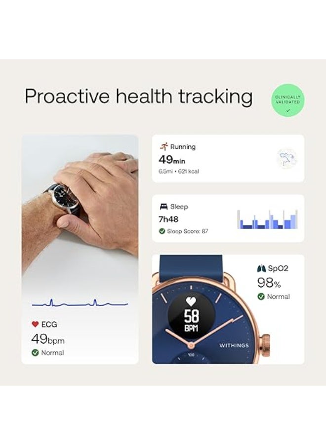 Withings ScanWatch – Hybrid Smart Watch with ECG, Heart Rate, Oximeter - 30 Day Battery Life - Smart Watches for Women, Smart Watch for Men, Fitness Tracker - Android & iOS, Rose gold/Blue, 38mm - Image 2